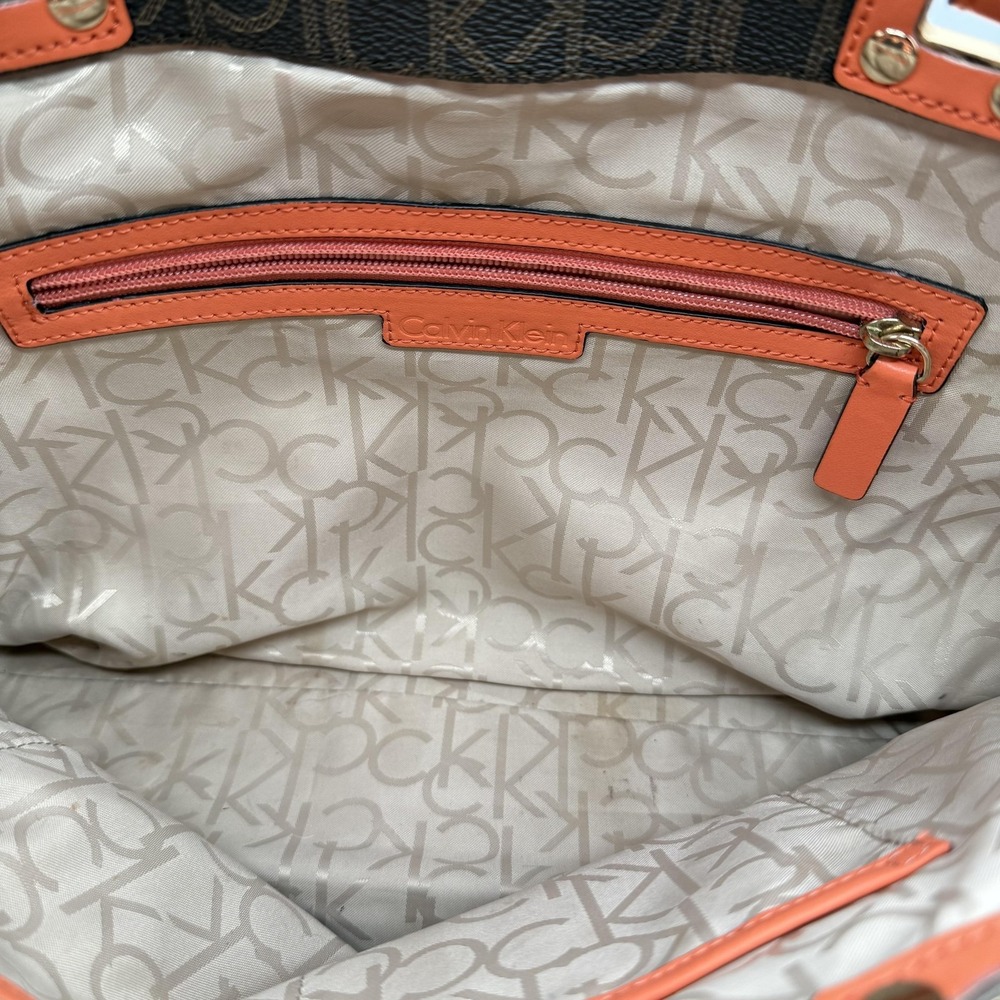 Calvin Klein Tote Bag Womens Large Brown Orange Logo Monogram Shoulder Purse CK - Picture 7 of 11